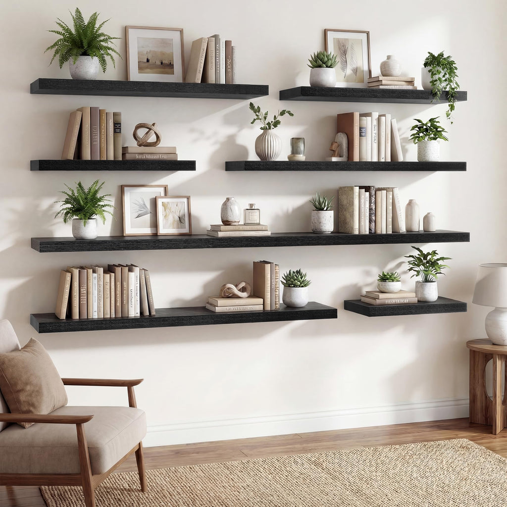 Floating Shelves for Wall, 18 Inch Black Wall Shelves Set of 2, 9.3" Deep Floating Shelf with Invisible Bracket, Wall