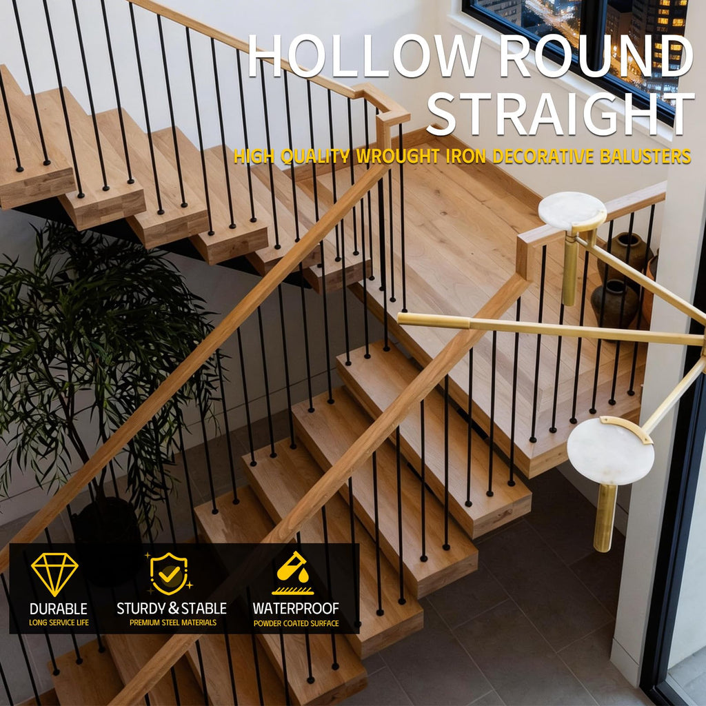 Wrought Iron Balusters (Set of 30), Round Hollow Straight Stair Spindles, Decorative Metal Balusters Spindles for