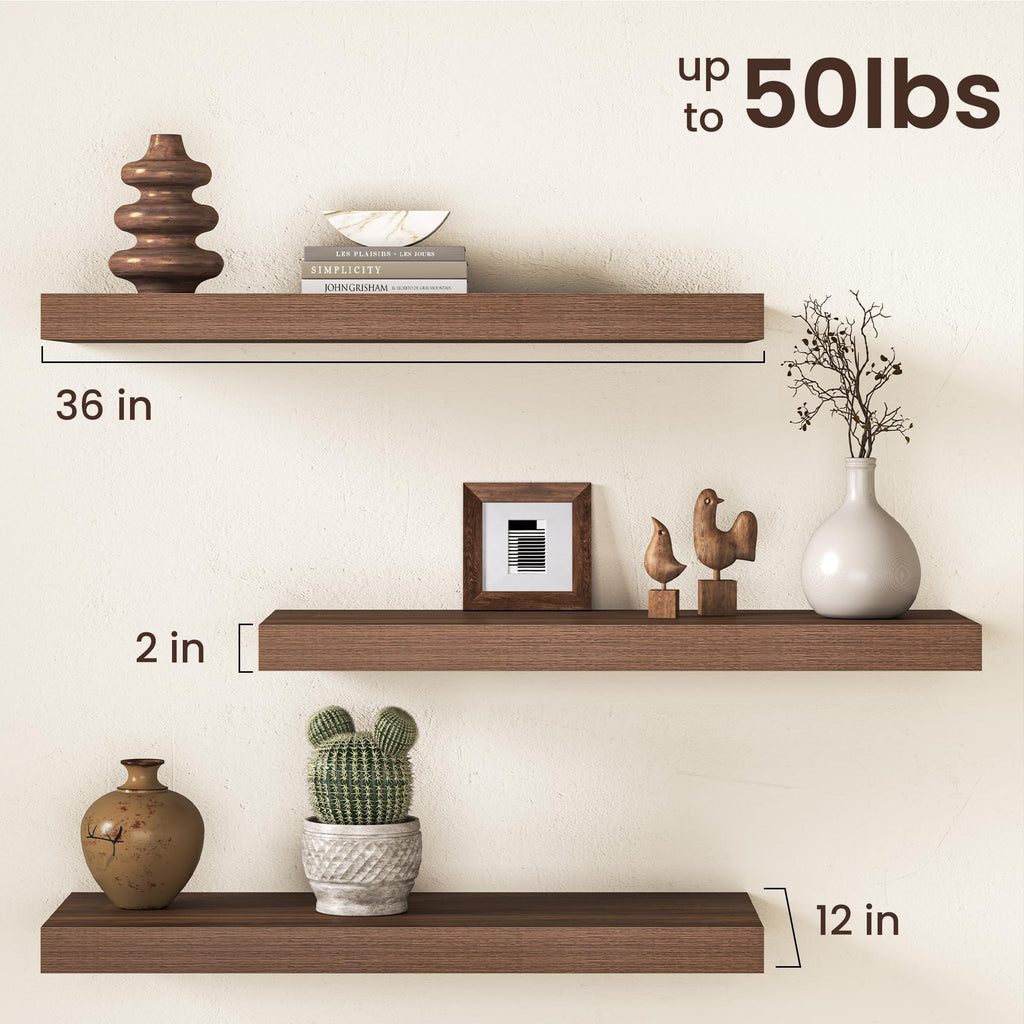 36Inch Walnut Floating Shelves for Wall, 12 Inch Deep Shelves Wall Mounted, Rustic Wood Floating Shelf with Invisible