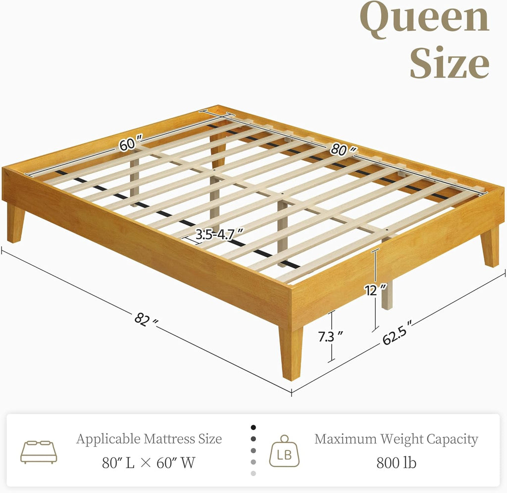 Solid Wood Platform Bed Frame Low-Profile Natural Wood