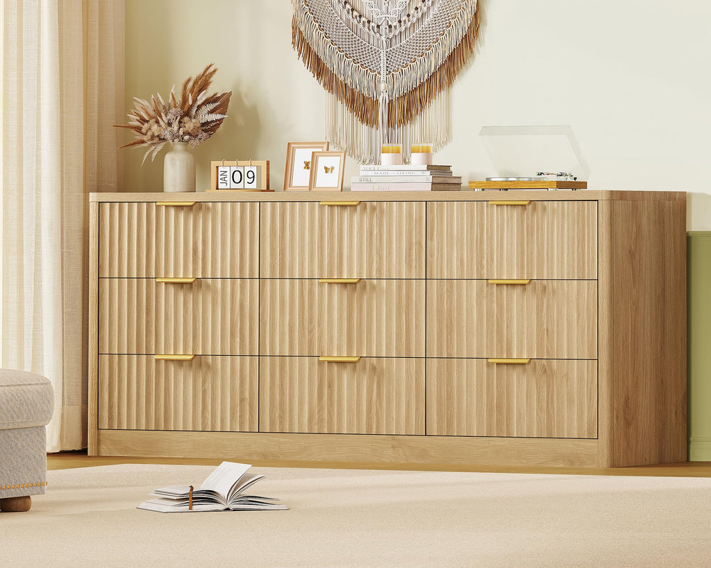 63" Dresser with 9 Drawers, Modern Dressers & Chest of Drawers with Metal Handles, Fluted Dresser, Wood Closet