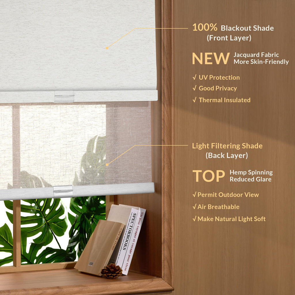 Cordless Dual Roller Shades, Linen Cream & White, Custom Size