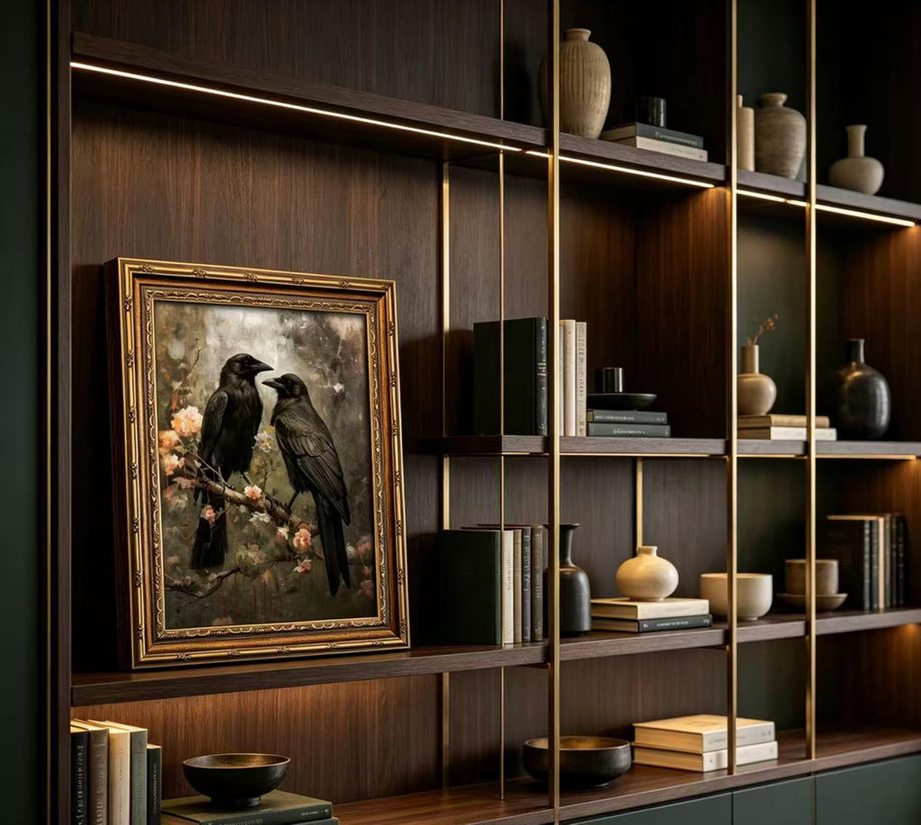 Vintage Gold Framed Crow Wall Art, Gothic Raven Floral Canvas Prints, Dark Academia Aesthetic Bird Wall Decor, Moody