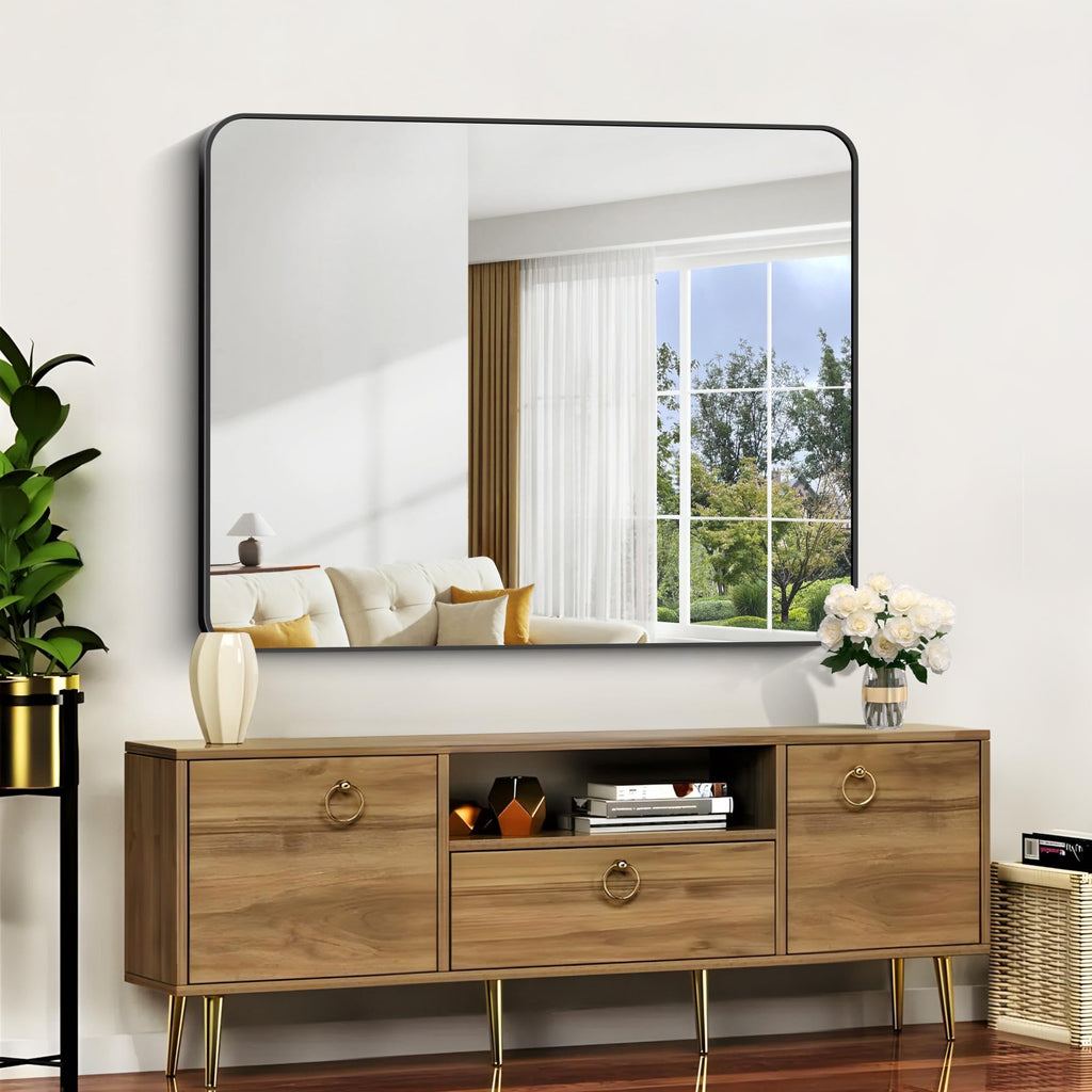 Bathroom Mirror, 48 x 40 inch Black Rectangle Wall Mirror, Metal Frame Rectangular Vanity Mirror, Rounded Corner Wall