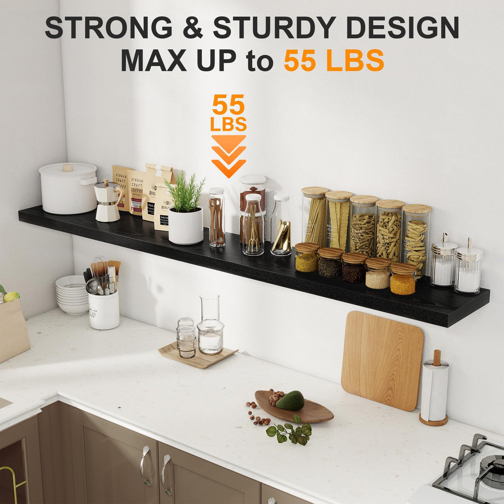 72 Inch Floating Shelves 2 Pack, 8 Inch Deep Floating Shelf Wall Mounted, Large Shelves with Invisible Bracket for
