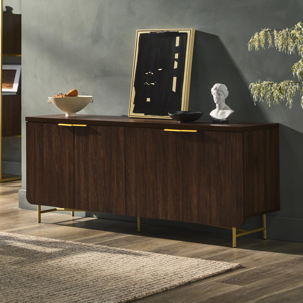 Reema Fluted 4-Door Kitchen Sideboard Buffet Console, 69 Inch, Gold, Dark Walnut
