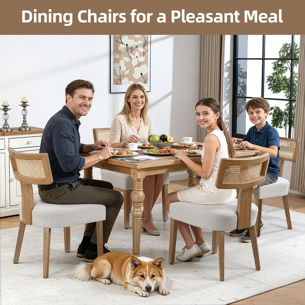 Mid-Century Modern Rattan Dining Chairs Set of 6 - Farmhouse Linen Upholstered Accent Chairs with Curved Backrest