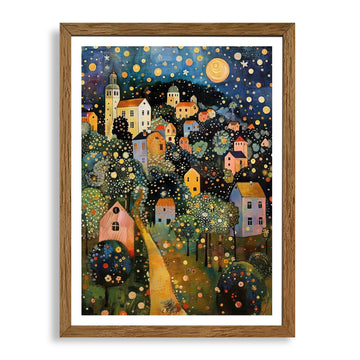 Gustav Klimt Style Village Night Wall Art Framed Canvas 12x16 Inch