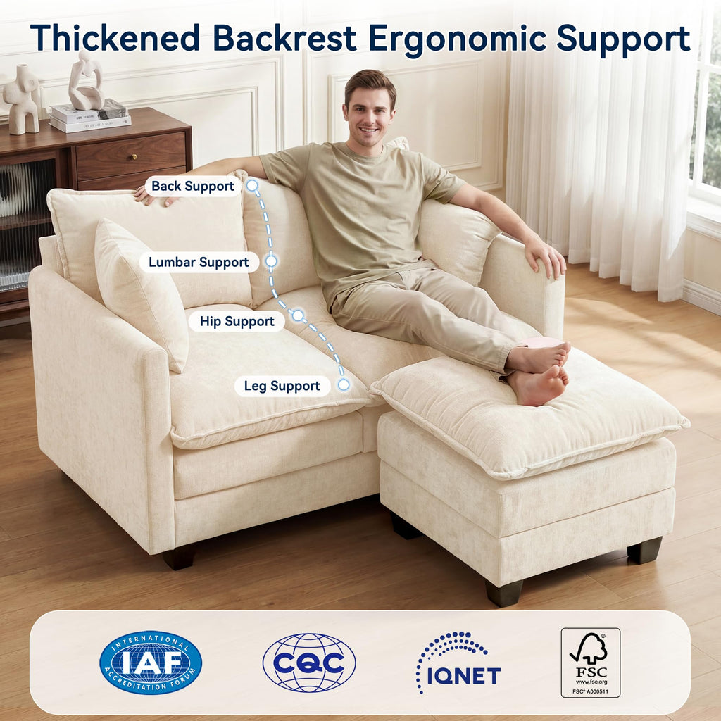 L-Shape Loveseat Sofa Couch with Ottoman, Small 50" Love Seat 27" Deep Cloud Sofa Washable Chenille Pillow Bedroom