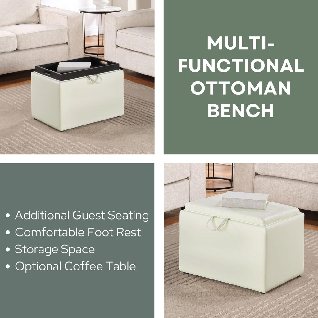 Designs4Comfort Accent Storage Ottoman 22.75" - Modern Foot Stool with Decorative Tray, Ivory Faux Leather