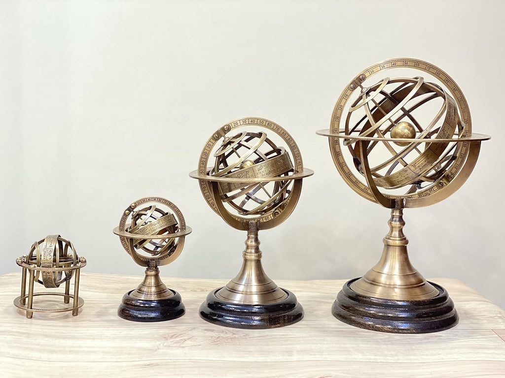 Zodiac Armillary Brass Sphere Globe Display 8" Wooden Base | Antique Vintage Earth Steampunk Pirate's Antique Ship
