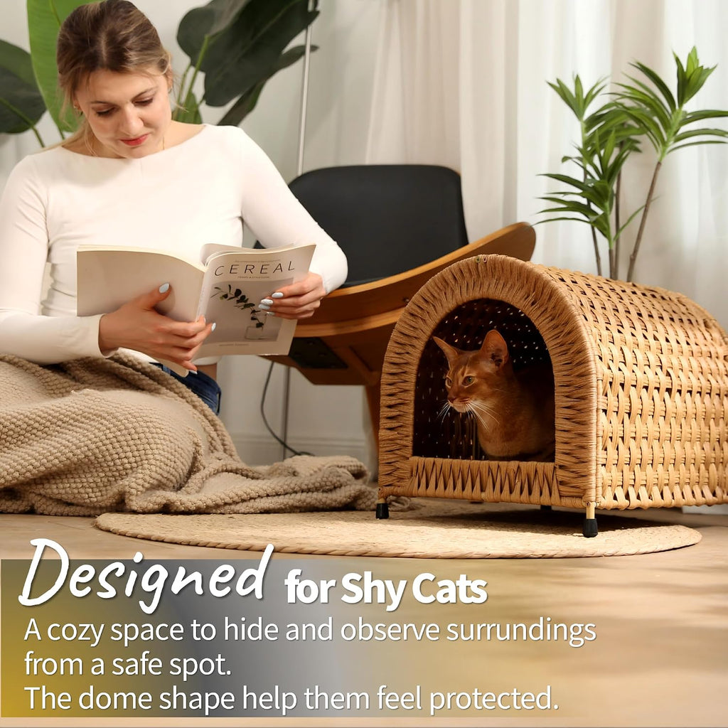 Handwoven Wicker Cat Bed for Cats up to 20 lb, 14.2" H × 14.2" W × 16.5" D