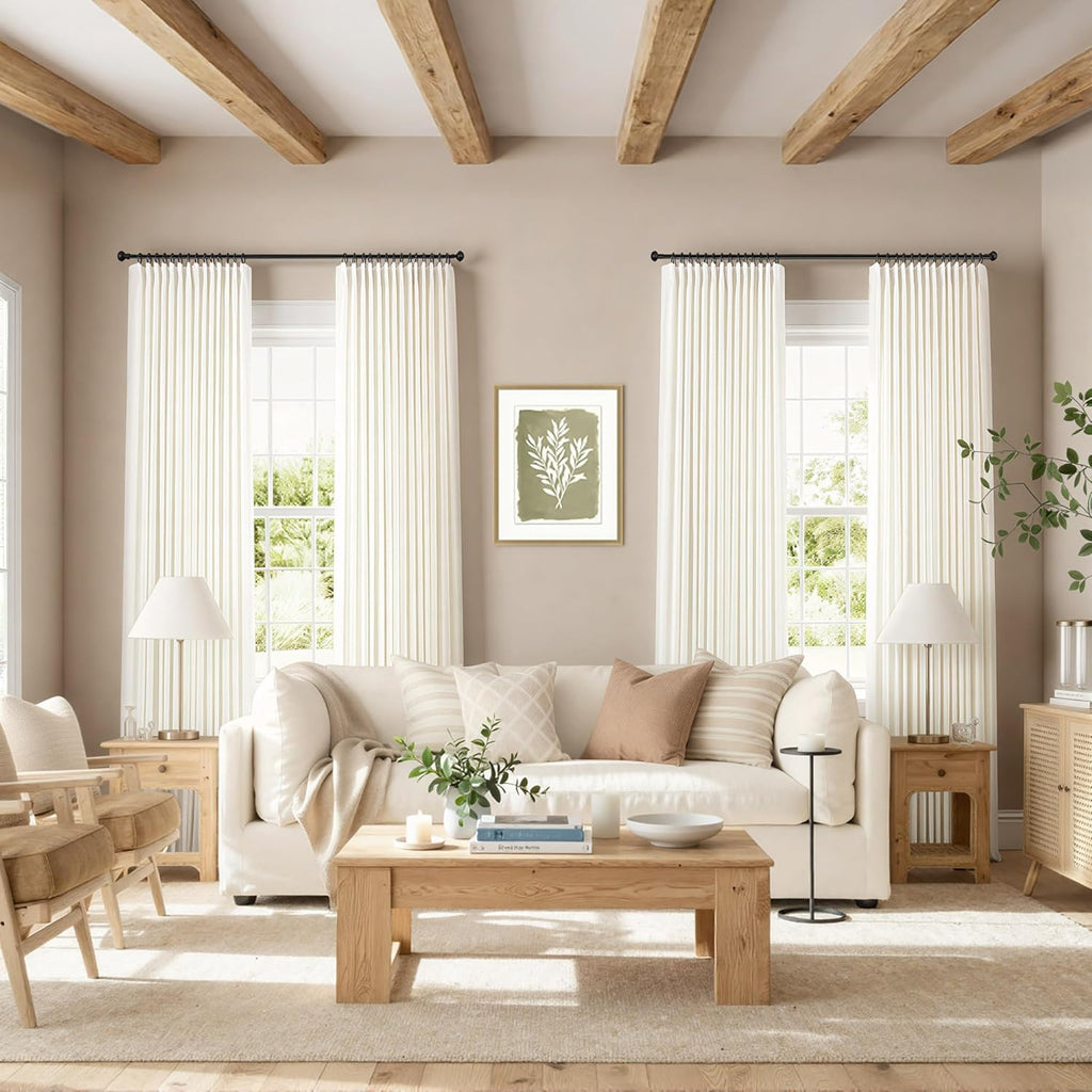 Natural Pinch Pleated Linen Cream Curtains 84 Inch Length 2 Panels for Living Room Bedroom Ivory Semi Sheer Light