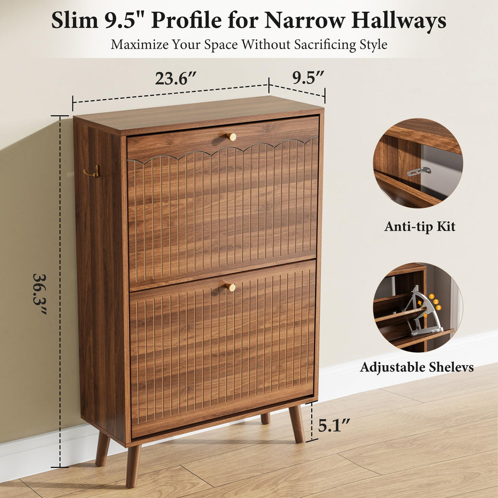 Shoe Storage Cabinet, 9.5inch Slim Shoe Rack with 2 Flip Drawers, Mid-Century Modern Walnut Shoe Cabinet Storage