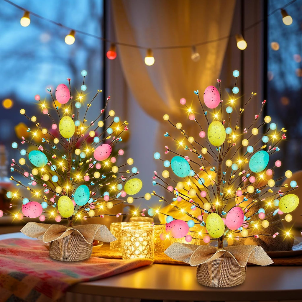 & Timer - Easter Decorations, Easter Tree Tabletop with 20 Warm White Lights Battery Operated 19 Inch 8 Large - Set of 2