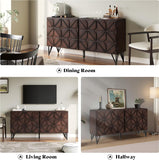 63” Solid Acacia Wood Sideboard Buffet Cabinet, Hand-Carved Geometric Door Console with Adjustable Shelves for Hallway