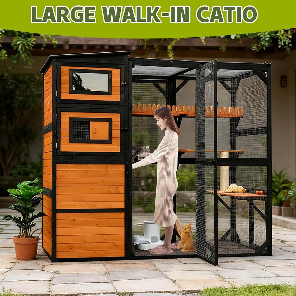 Large Wooden Catio Outdoor Cat Enclosure with 4-Tier Design