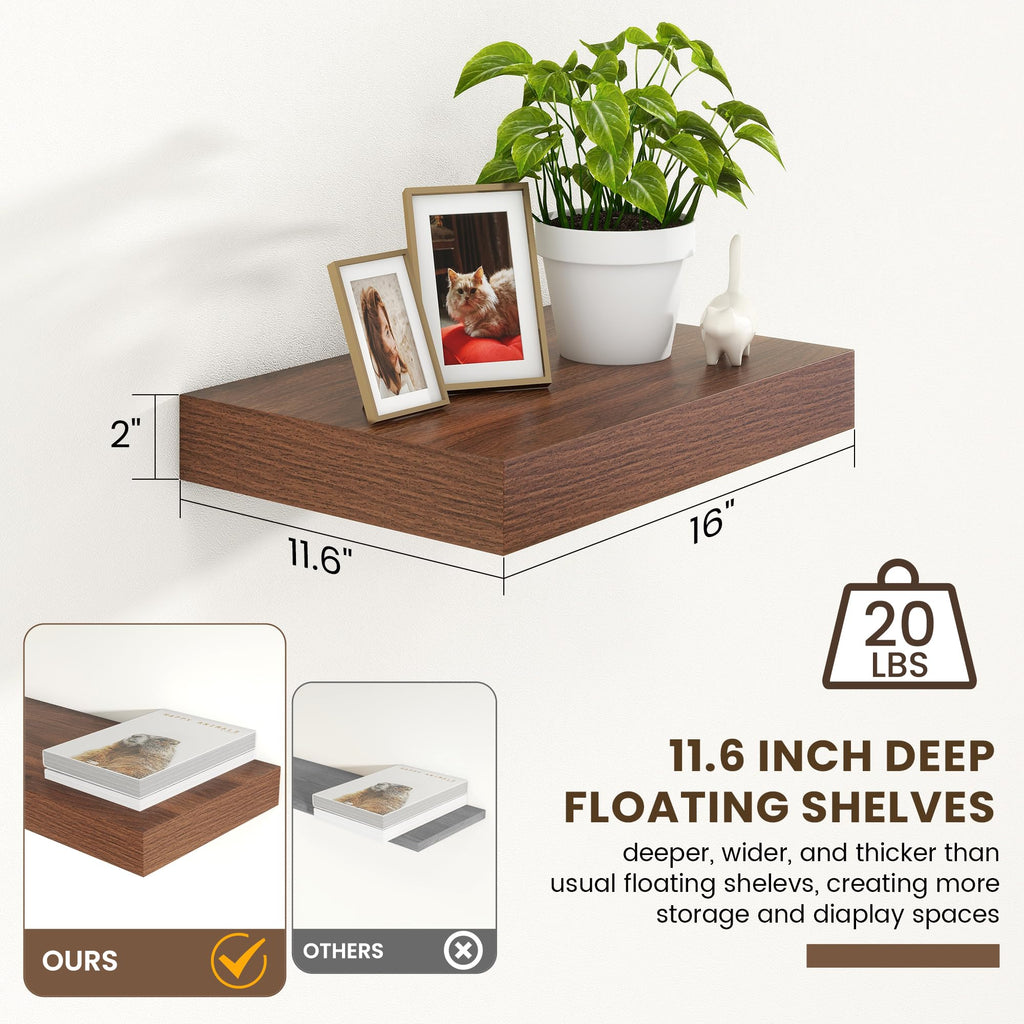 12 Inch Deep Floating Shelves, 16 Inch Walnut Wall Shelves Set of 2