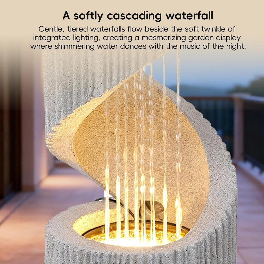 Modern S-Shaped Outdoor Fountain with LED Light, 30" Tall Spiral Column Waterfall Feature with Flat Top for Plant
