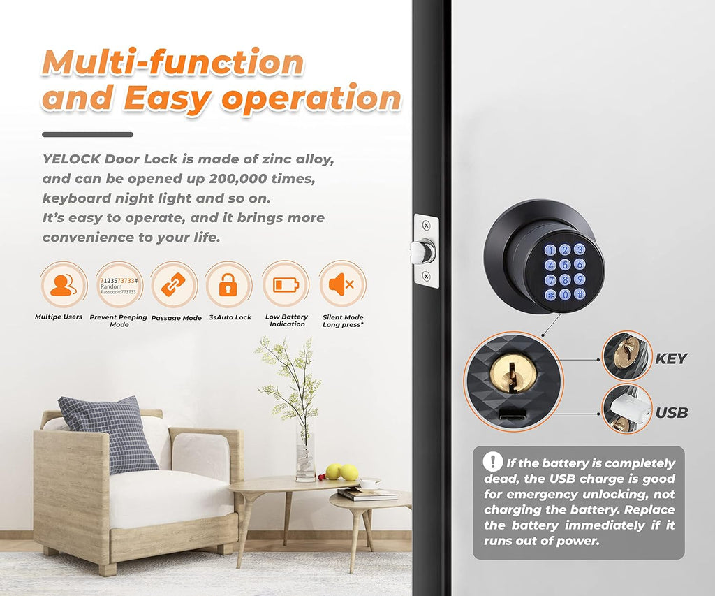 Keypad Door Knob Lock, Keyless Entry Door Knob with Handle, Black
