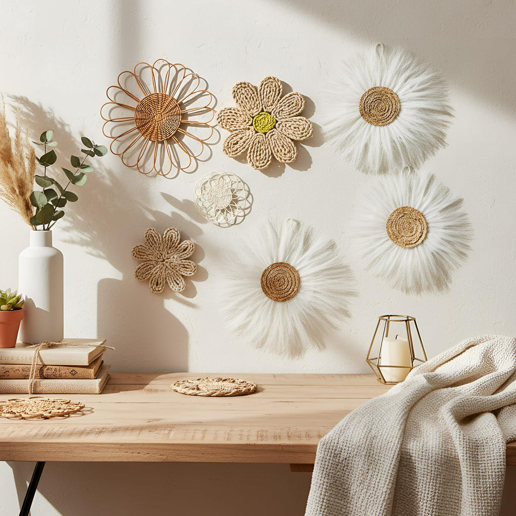 7 Pcs Boho Wall Basket Decor Rattan Flower, Milky White