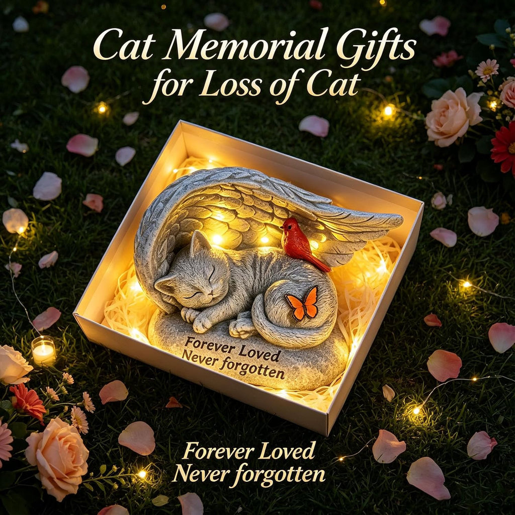 Cat Memorial Stones with Solar Angel Wing Cardinal Butterfly 8 Inch