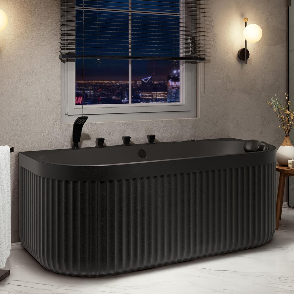 67 in. x 32 in. Freestanding Flat-Bottom Bathtub | Half-Oval Shaped Stone Resin Deep Soaking Free Standing Tub with