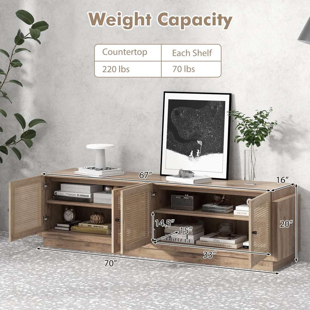 70"L TV Stand for 75 inch TV, Boho Rattan Entertainment Center