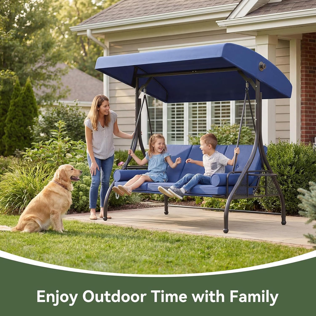 Outdoor Porch Swing with Stand and Canopy, 3 Seats Outdoor Swings for Adults, Convertible 2 in 1 Swing Bed with Cup