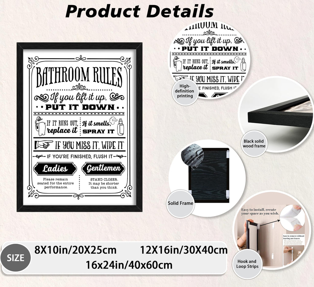 Framed, Black and White Wall Art - Funny Toilet Rules Prints, Humorous Restroom Sign Canvas, Washroom Regulations