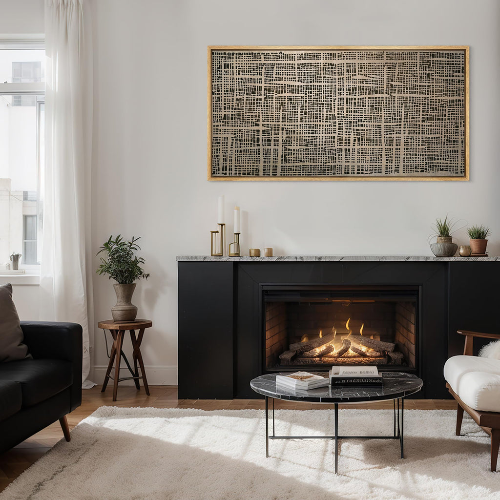 Extra Large Framed Canvas Print Wall Art Modern Geometric Grid Abstract Black and Beige Contemporary Illustrations