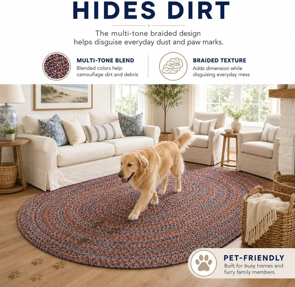 Canterbury Red & Blue Braided Rug, 8' x 10' Oval, Indoor/Outdoor Reversible Farmhouse Area Rug , or Patio