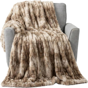 Oversized Ruched Faux Fur Blanket, Taupe, 60" x 80" | Plush Polyester Faux Fur Queen-Size Throw Blanket for Sofas and