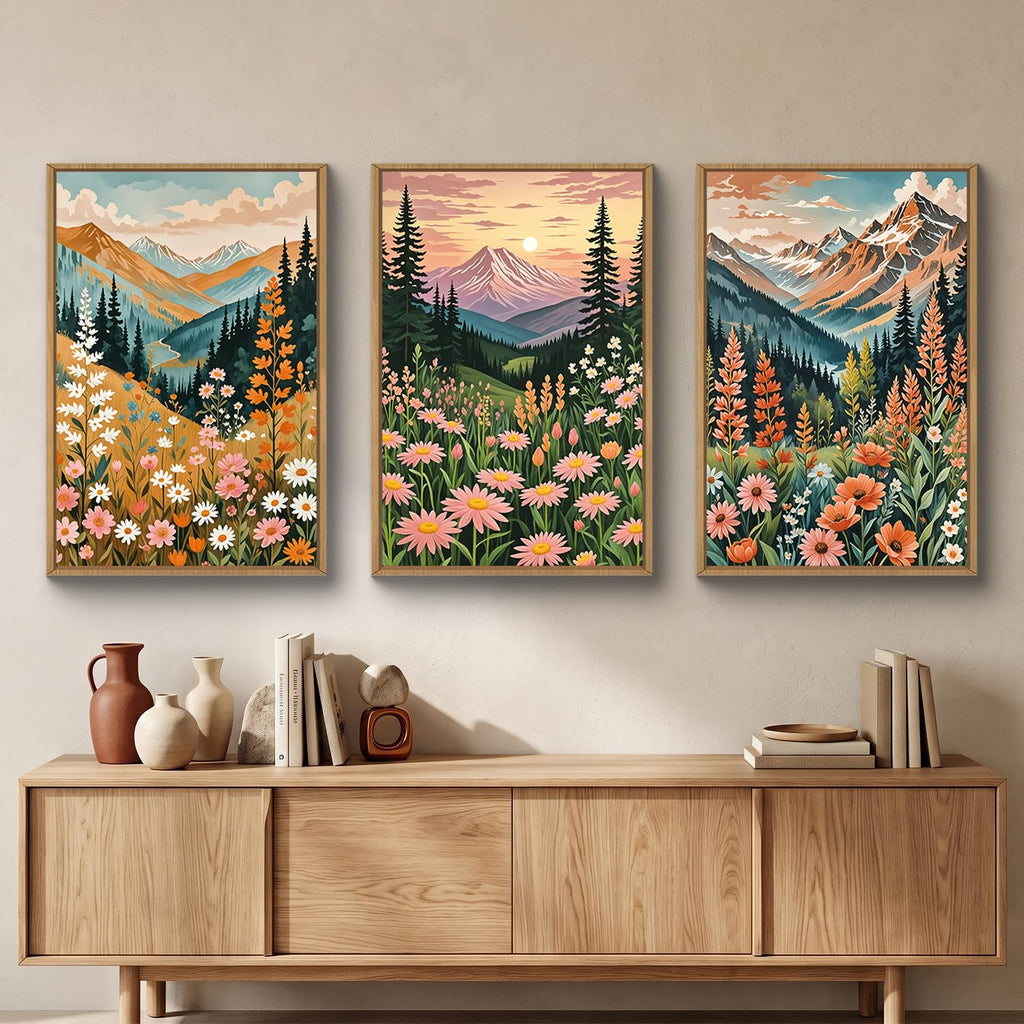 Mountain Sunset Floral Framed Canvas Wall Art Set, Colorful Wildflower Daisy Flower Wall Decor, Boho Blossom Botanical