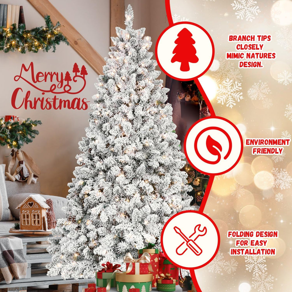 Prelit Artificial Christmas Tree with 300 UL Warm White Lighting, Snow Flocked and Fluffy PVC Branches