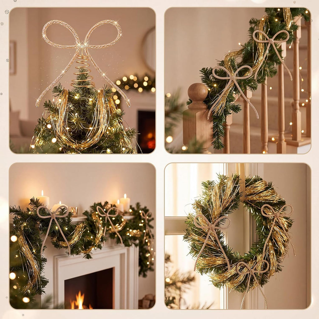 10'' Christmas Rhinestone Bow Tree Topper Ornaments Set, Gold