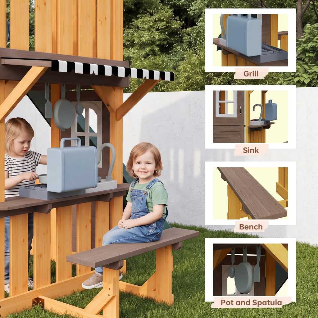 Wooden Swing Sets for Backyard - Outdoor Playset | 7 FT Wave Slide, 3 Swings, Play Kitchen, Toy Telescope, Steering