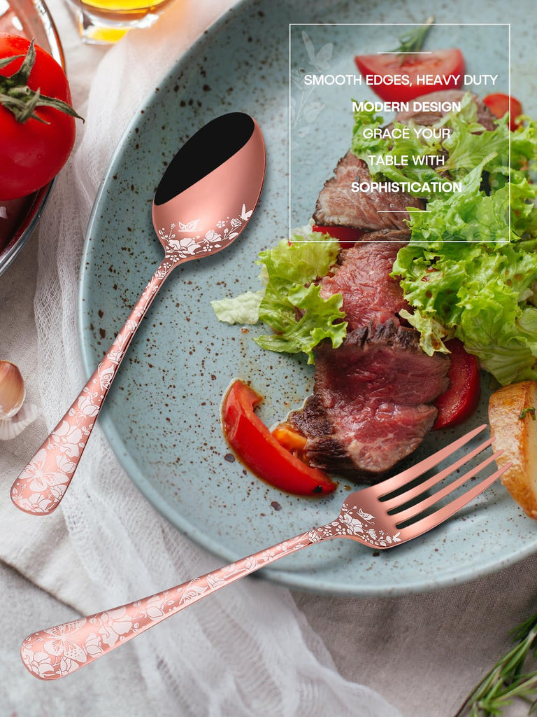 24 Pcs Rose Gold Silverware with Steak Knives, Stainless Steel Copper Silverware Flatware Cutlery Set for 4, Include