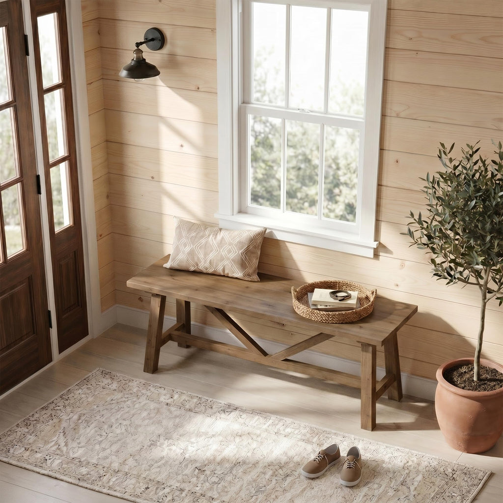 43" Farmhouse Solid Wood Bench, Narrow Long Seat, Natural