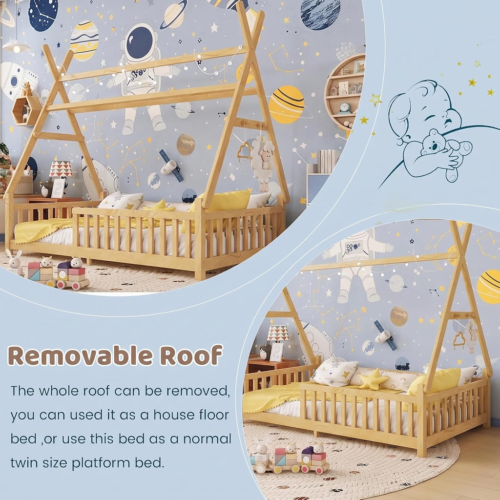 Full Tent-Shaped Bed for Kids with LED Light, Teepee Floor Bed with Guardrails, Wooden Montessori Bed Frame