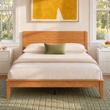 Japanese Joinery Bamboo Bed Frame, Platform Bed with Headboard