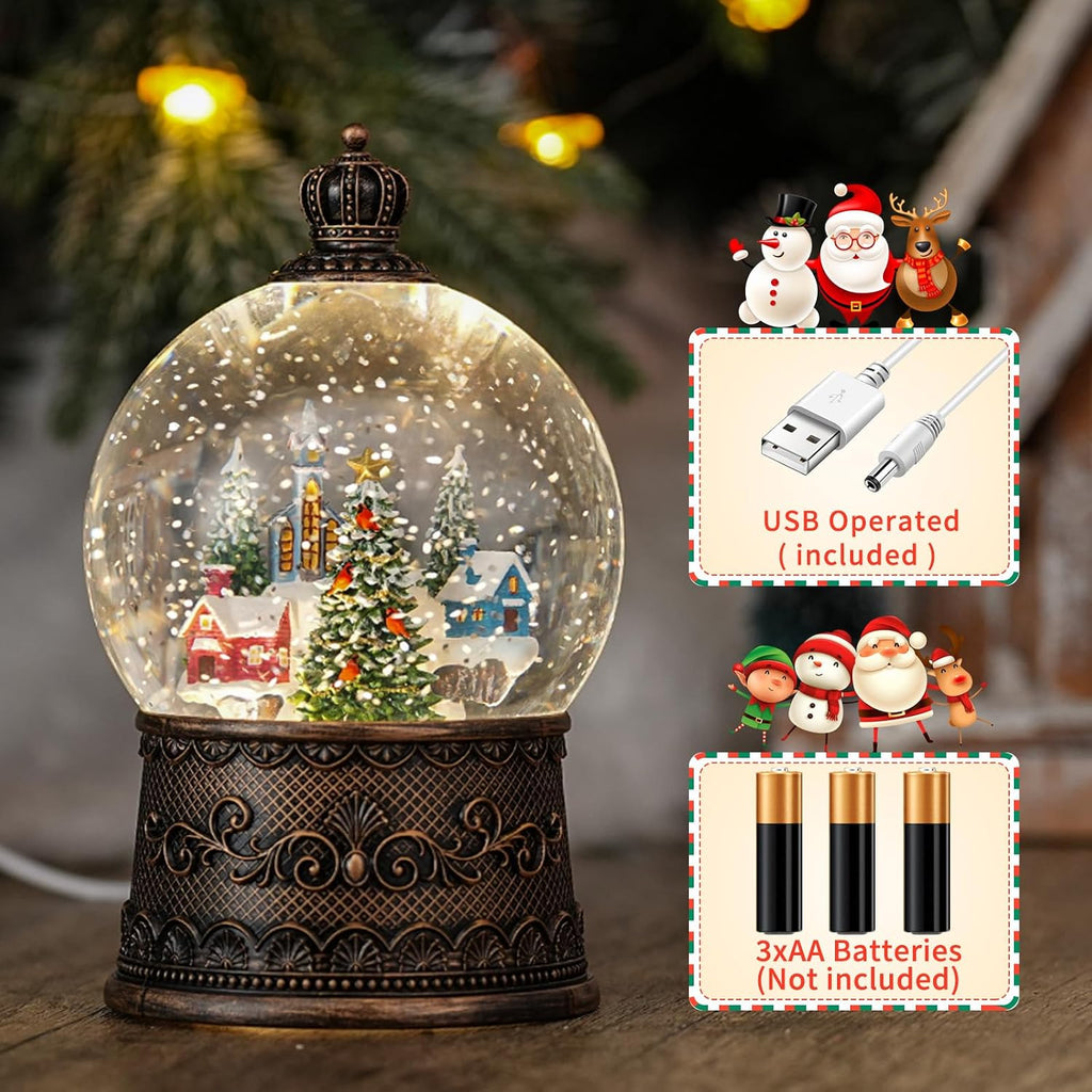 Snow Globe with Christmas Tree & Village, Light Up Christmas Snow Globes with Music Timer - USB Plug or Battery