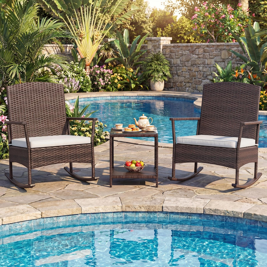 3 Pieces Rocking Wicker Bistro Set, Outdoor Front Porch Rocker Chairs Conversation Set with 2-Tier Tempered Glass