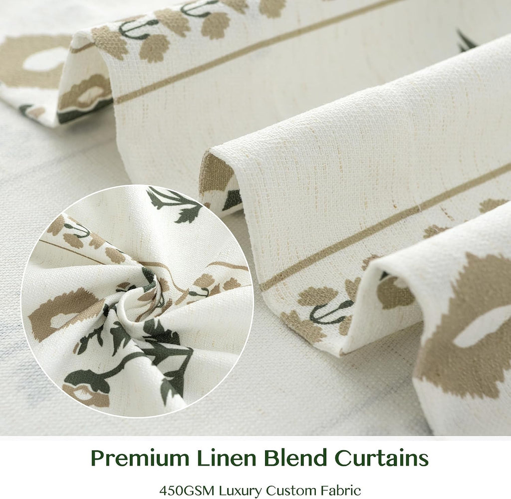 Brown Printed Pinch Pleat Curtains 84 Inch Long, Light Filtering Linen Blend Farmhouse Pleated Drapes, Semi Sheer