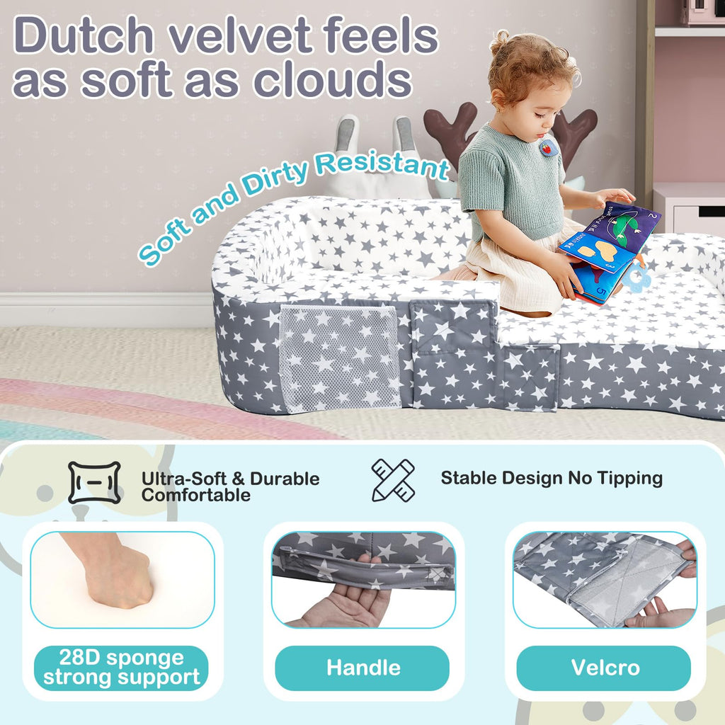 Toddler Travel Bed, Portable Toddler Bed & Chair 2-in-1 - Convertible Travel Crib with Storage Pockets