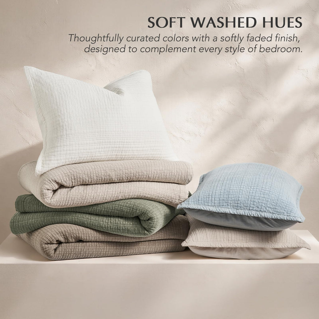 Stonewashed Textured Cotton Quilt Set, Blue Linen