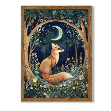 Fox and Moon Decor Whimsical Forest Animal Wall Art 16x24 in
