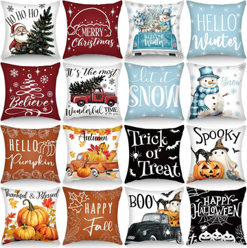 Winter Pillow Covers 18 x 18 Inch Seasonal Throw Pillow Covers Christmas Holiday Pillowcases Decorative - Set of 16