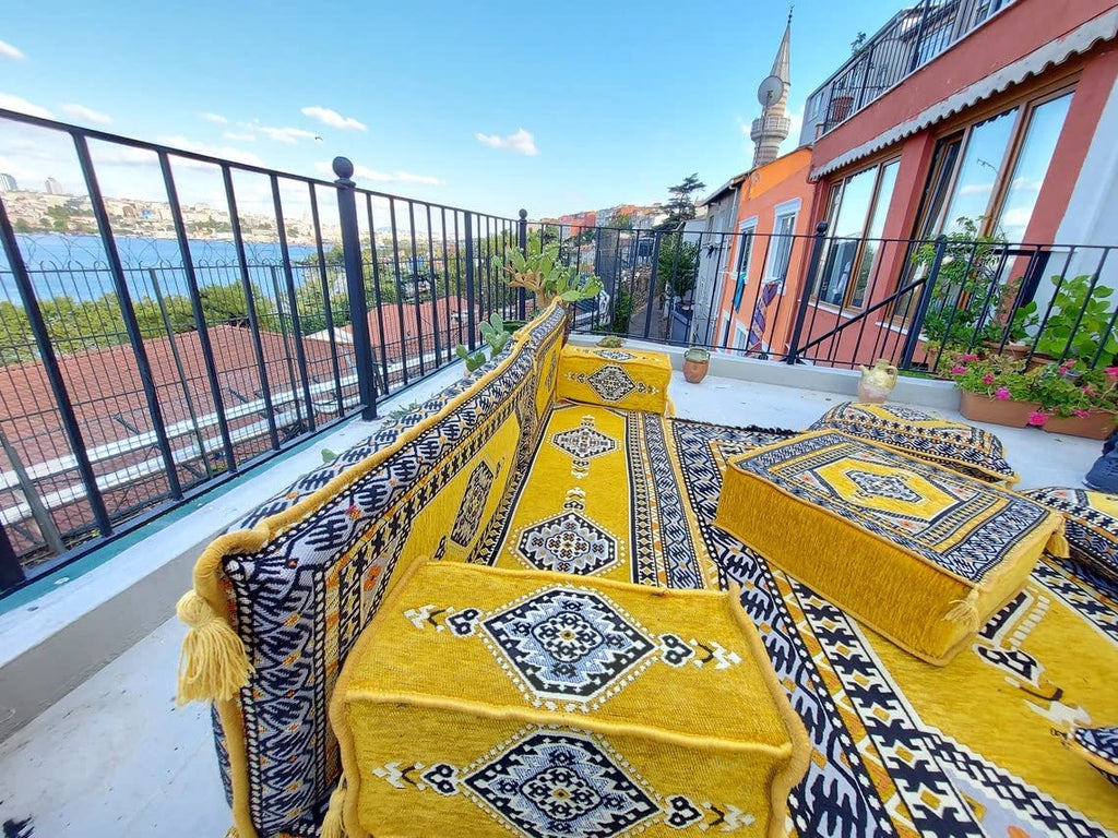 Ethnic Yellow Loveseat Floor Seating Sofas - Bohemian Style Floor Cushions Set