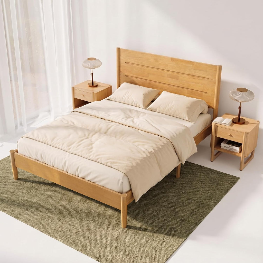 Apollo Solid Wood Platform Bed Queen, Headboard, Light Oak